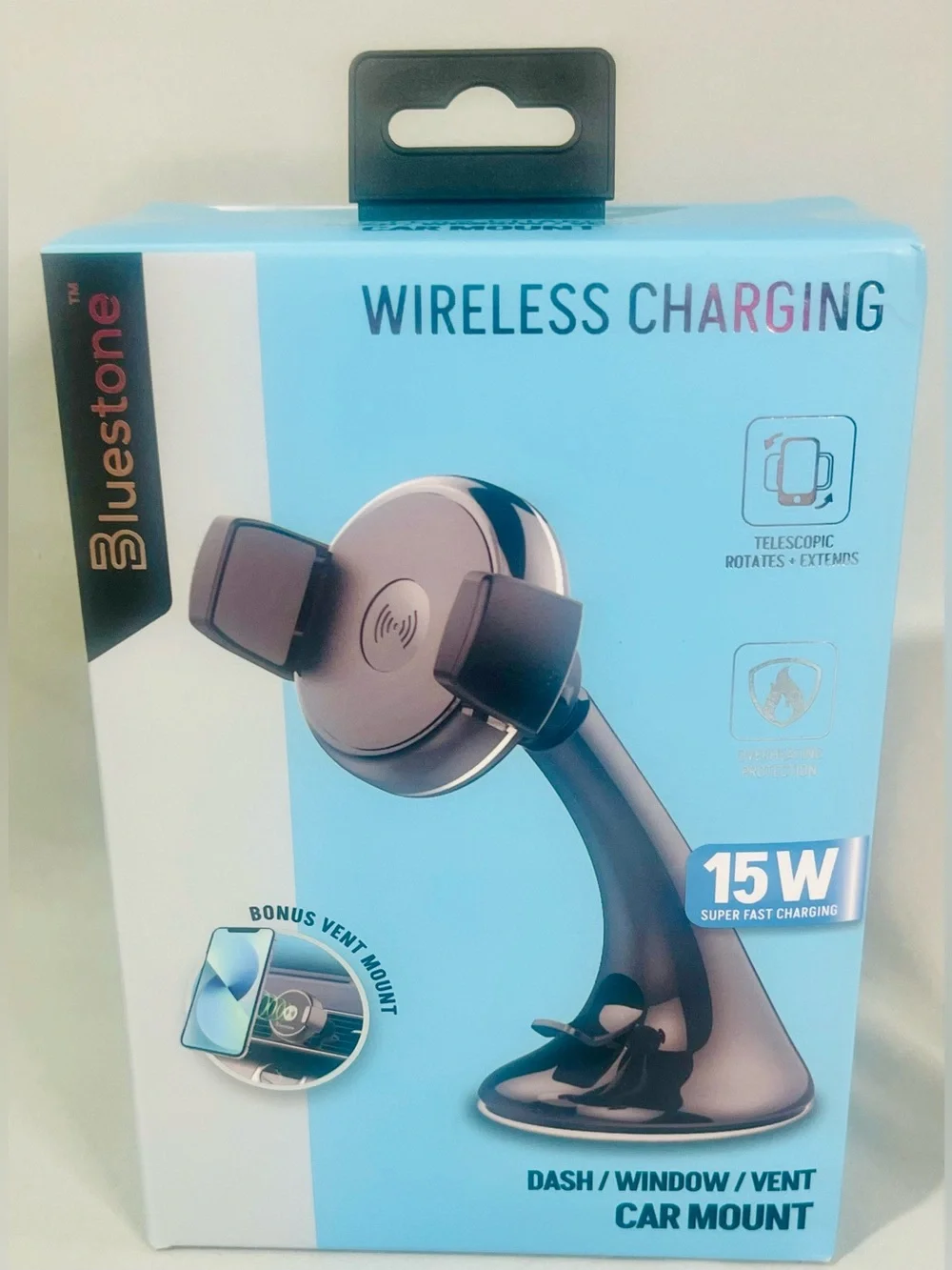 Bluestone Wireless 15W Black Car Phone Mount with Fast Charging